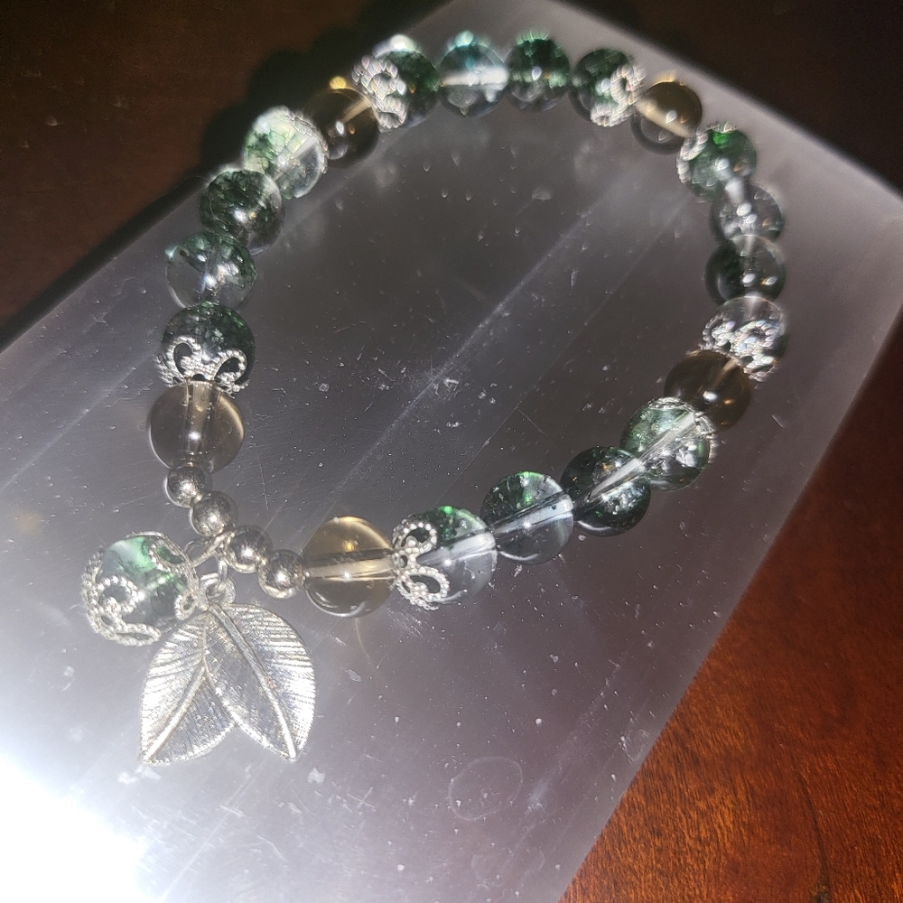 Green Phantom Ghost Quartz & Smoky Quartz Crystal Bracelet